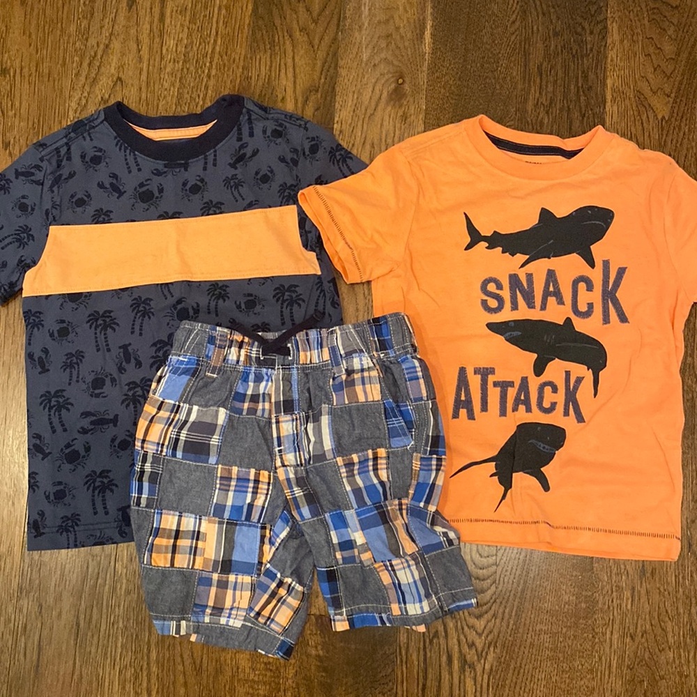 Gymboree size 6 boys set shorts and plaid shorts orange tropical crab shark